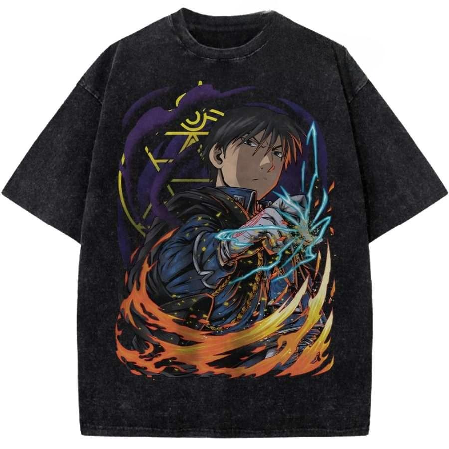 Anime Fullmetal Alchemist Mustang Roy Graphic T Shirt Men Women Clothing Oversized Tshirt Washed Cotton Tee Harajuku T-shirt S чёрный