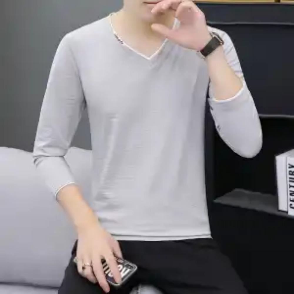 Autumn Winter Fashion Korean Simple Temperament T-shirt Man Long Sleeve Cotton V-neck Solid Color Top Pullover Casual Streetwear