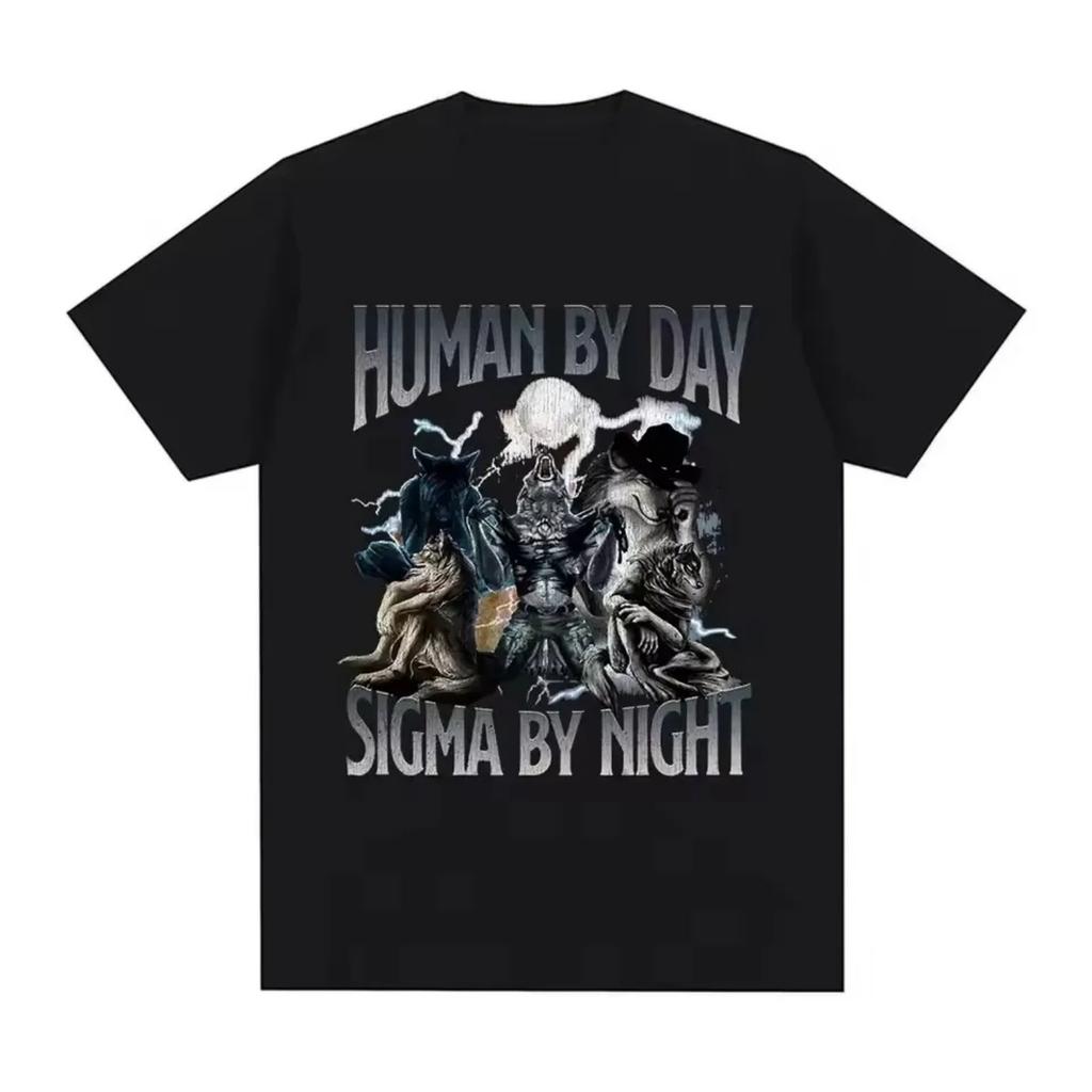 Human By Day Sigma By Night Funny Wolf Graphic Unisex Men Women Clothing Short Sleeve Round Neck Printing Pullover T-Shirt 33103