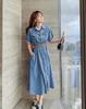 Seira Summer Denim Shirt Long Short Lightweight Solid with Office Lady Elegant Women's Dress, Dress, Dress, Sleeve, A-Line, Dress, Turn-Down Collar,