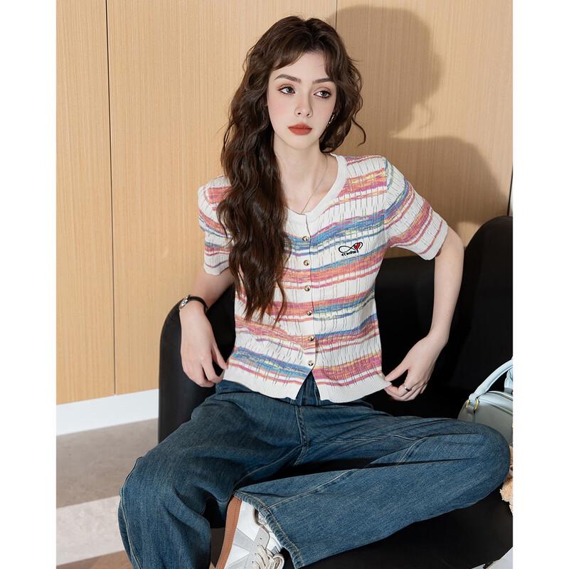 Women's Lightweight Striped Knit Short-Sleeve Cardigan Tee