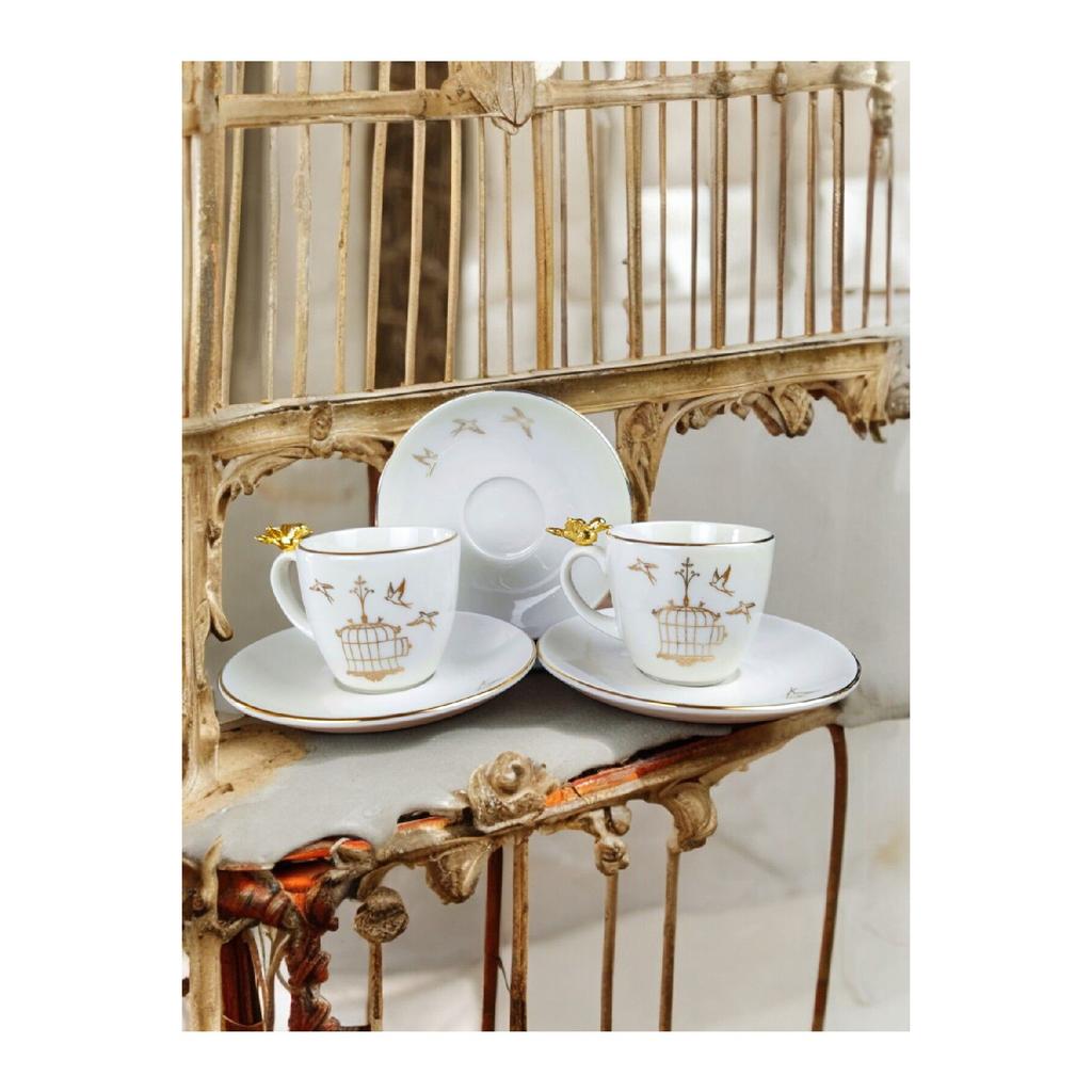 Bird Coffee Cup Set With Bird Figures And Cage Figures Porcelain 12 Pieces For 6 People