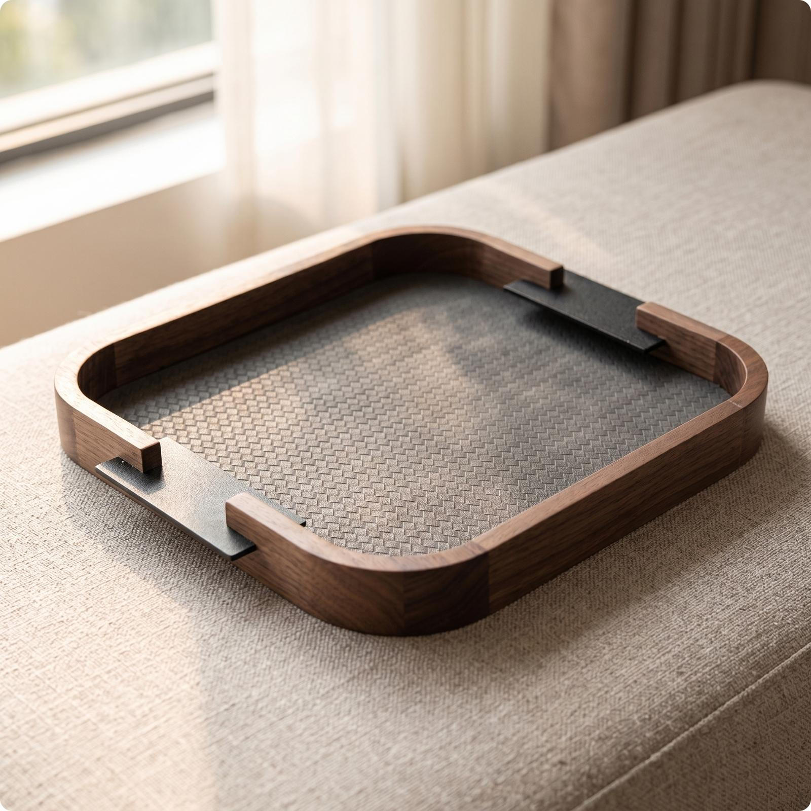 Leather Edged Wood Tray Rounded Square