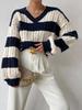 New Autumn Lazy Loose V-Neck Cable Knit Striped Sweater Long Sleeve