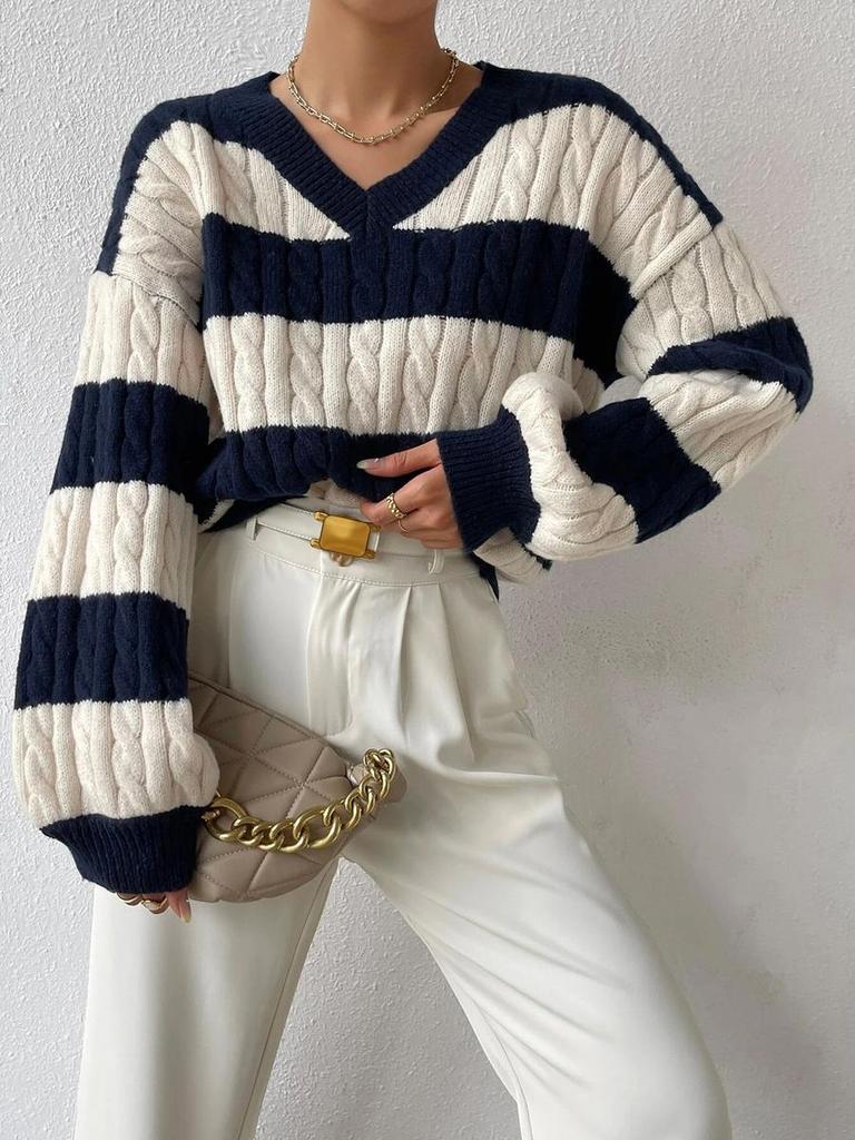 New Autumn Lazy Loose V-Neck Cable Knit Striped Sweater Long Sleeve