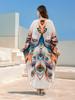 EDOLYNSA Bohemian Chic Gedruckt Lose Kaftan 2024 Sommer Langes Kleid Frauen Beachwear Badeanzug Cover Up Urlaub Casual Robe Q1638