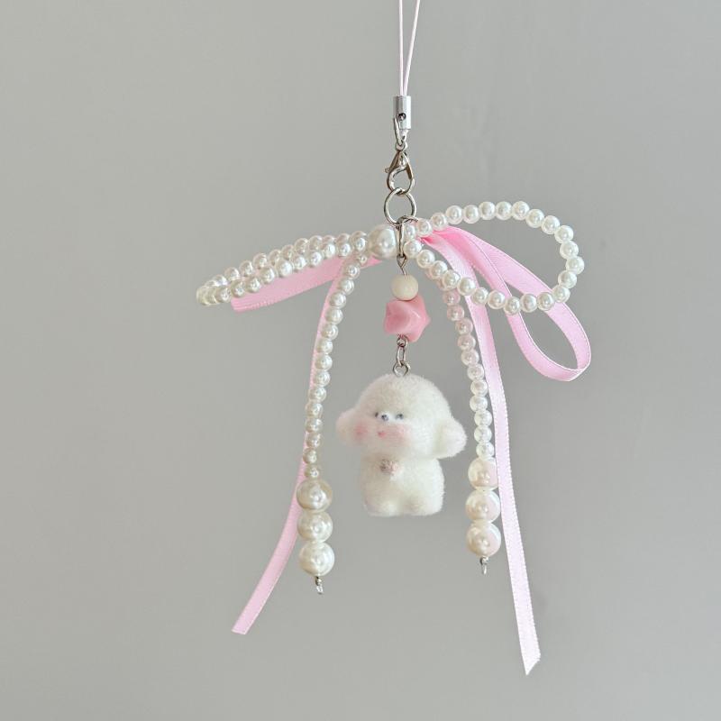 Pearl Bow Plucked Cat Bear Mushroom Backpack Key Ring Pendant Bag Y2K Delicate Beaded Bag Charm Chain Bag Strap Cute Accessory
