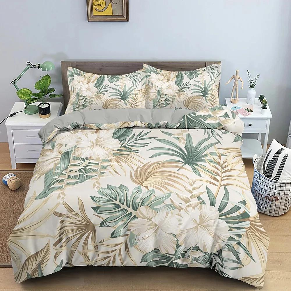 Tropical Flower Leaf Duvet Cover King Queen Colorful Vintage Floral Bedding Set for Adults Women Boho Polyester Comforter Cover