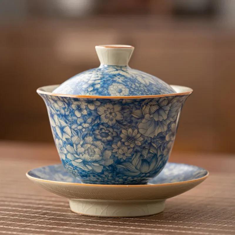 130ml Chinese Antique Ru Kiln Flowers Tea Tureen Covered Bowl Ceramic Gaiwan Teacup Household Tea Separator Travel Teaware 11x10cm 130ml