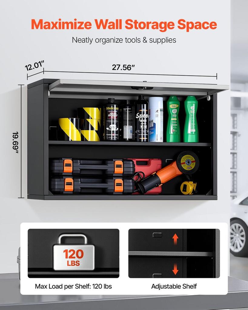Metal Wall Cabinet, 77W x 30.5D x 50H cm, Floating Garage Tool Cabinet with Up-Flip Door and Shelf, 108.9 kg Load Capacity, Fit for Garage, Basement,