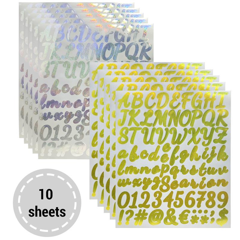 10 Feuilles Autocollants Lettres Dorées Pailletées Kit Autocollant Lettres Chiffres Alphabet Doré Argenté