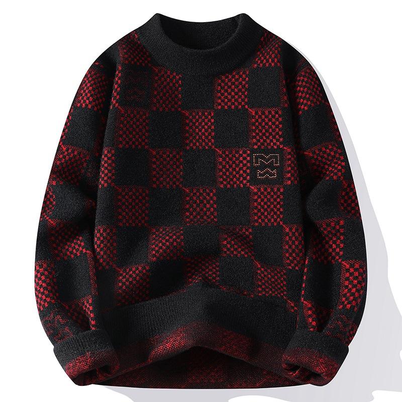 Checkered Sweater for Men's Autumn and Winter New Fashion Brand Jacquard Knitted Sweater with Half High Collar and Bottom Layer
