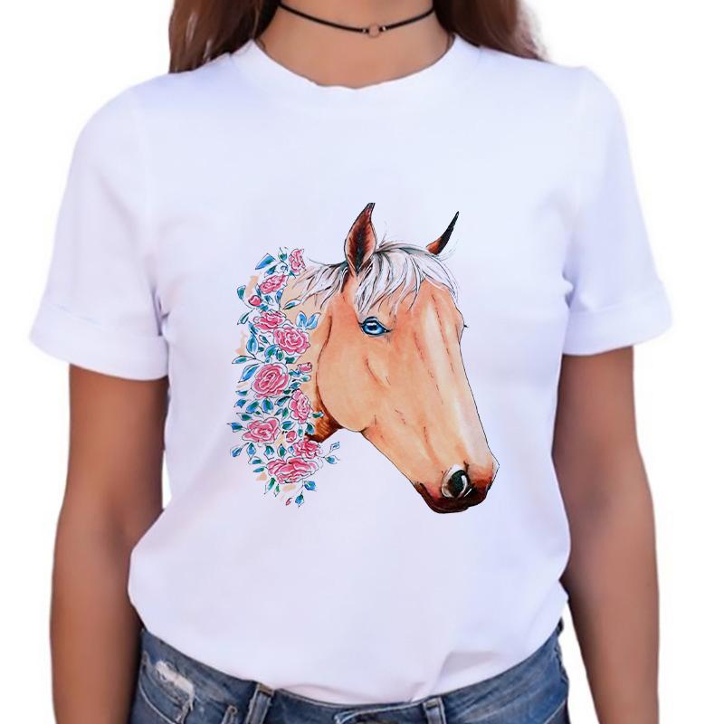 Womens Tshirt Stylish O-Neck Short Sleeve Cartoon Horse Simple Female Tee Tshirts Summer Clothes White Tops 90S Female T Shirt