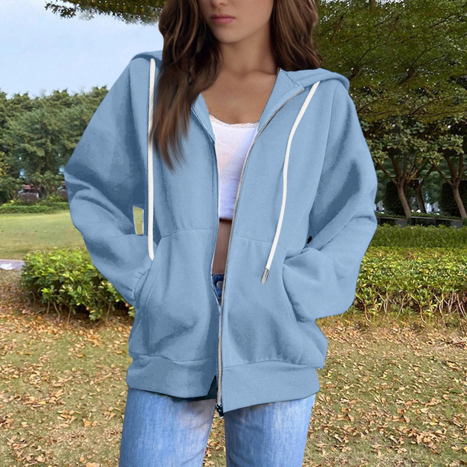 Женская однотонная толстовка с длинными рукавами, круглым вырезом, плюшевой молнией, капюшоном и шнурком S небесно-голубой