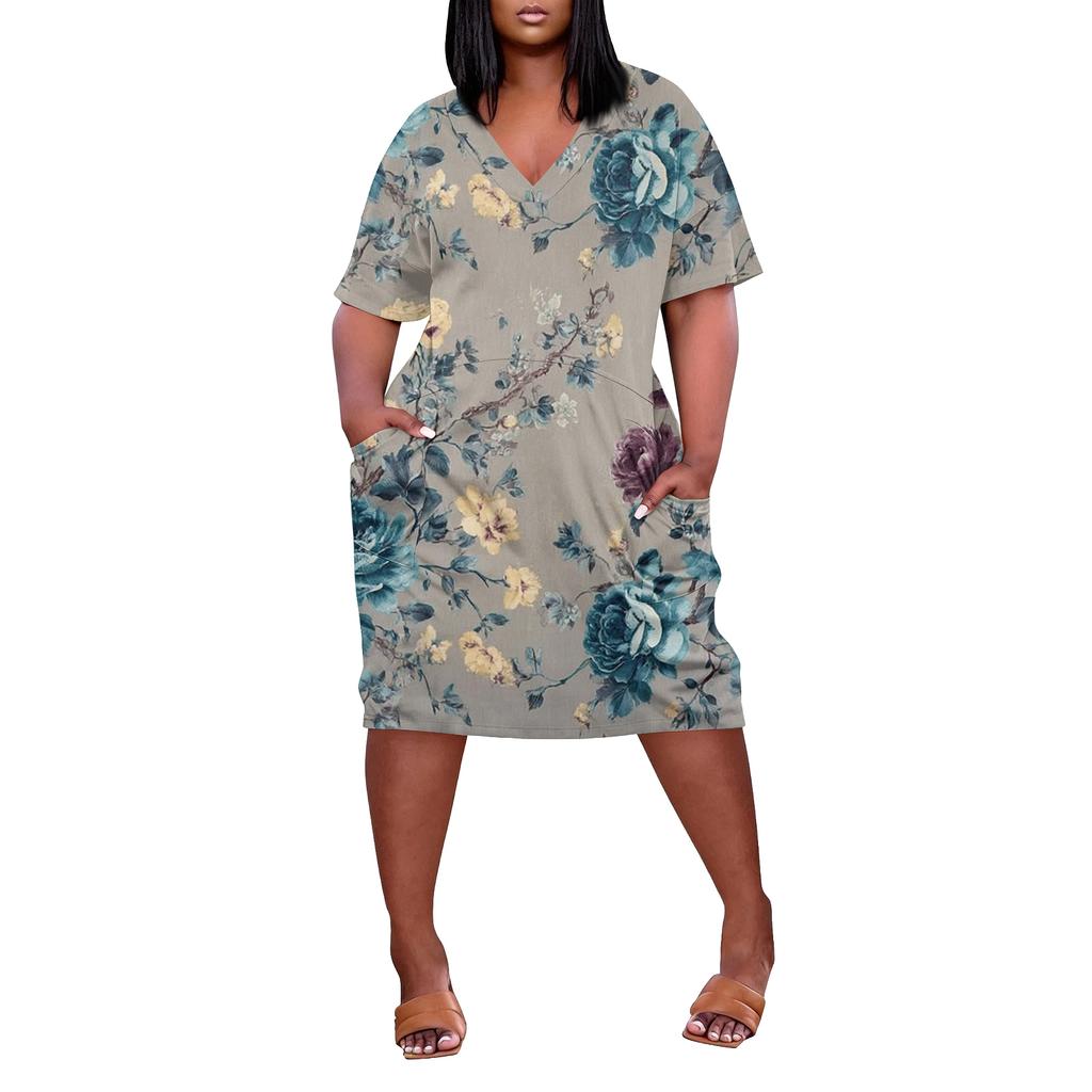 Summer Plus Size V Neck Short Sleeve Knee Pocket Print Casual Dress For Women