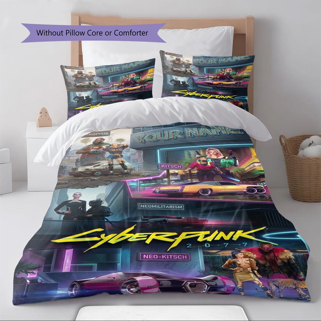 Name Custom Cyberpunk 2077 Pattern Bedding Set Quilt Cover Pillowcase Home Decor Gift (1 * Duvet Cover + 2 * Pillowcase, Without Core)
