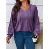 Damen Plus Size Unifarben Gerippt V-Ausschnitt Mit Kapuze Langarm Locker Lässig Strickoberteil