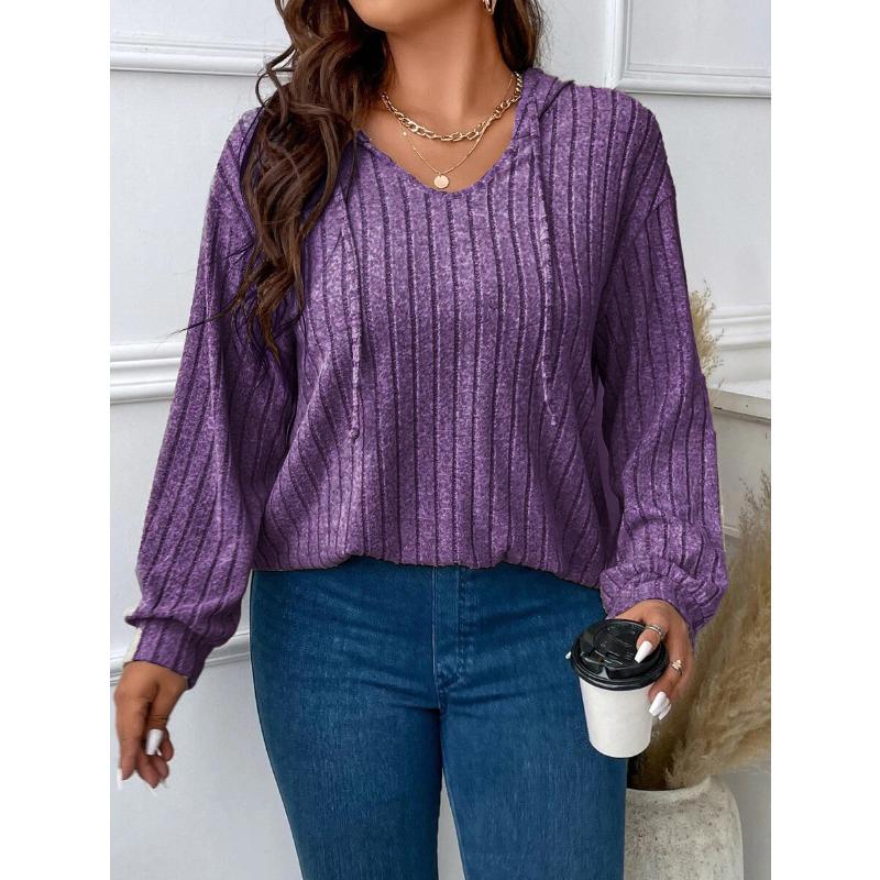 Damen Plus Size Unifarben Gerippt V-Ausschnitt Mit Kapuze Langarm Locker Lässig Strickoberteil