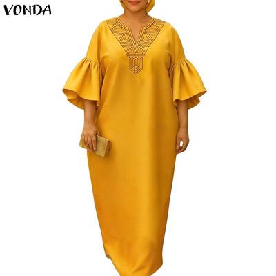 VONDA Rochie lungă casual largă pentru femei, cu volane, mânecă 3/4, imprimeu, neelastică