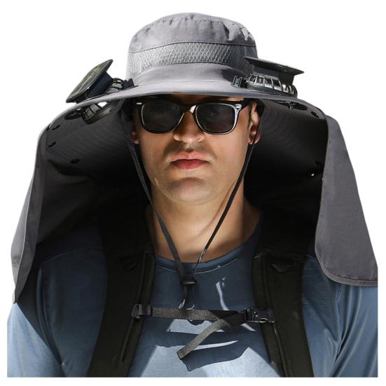 Solar Fan Hat with Neck Flap USB Rechargeable UV Protection Dual Cooling Fan Fishing Hat Foldable Men Women Fisherman Hiking Mountaineering Sun Hat
