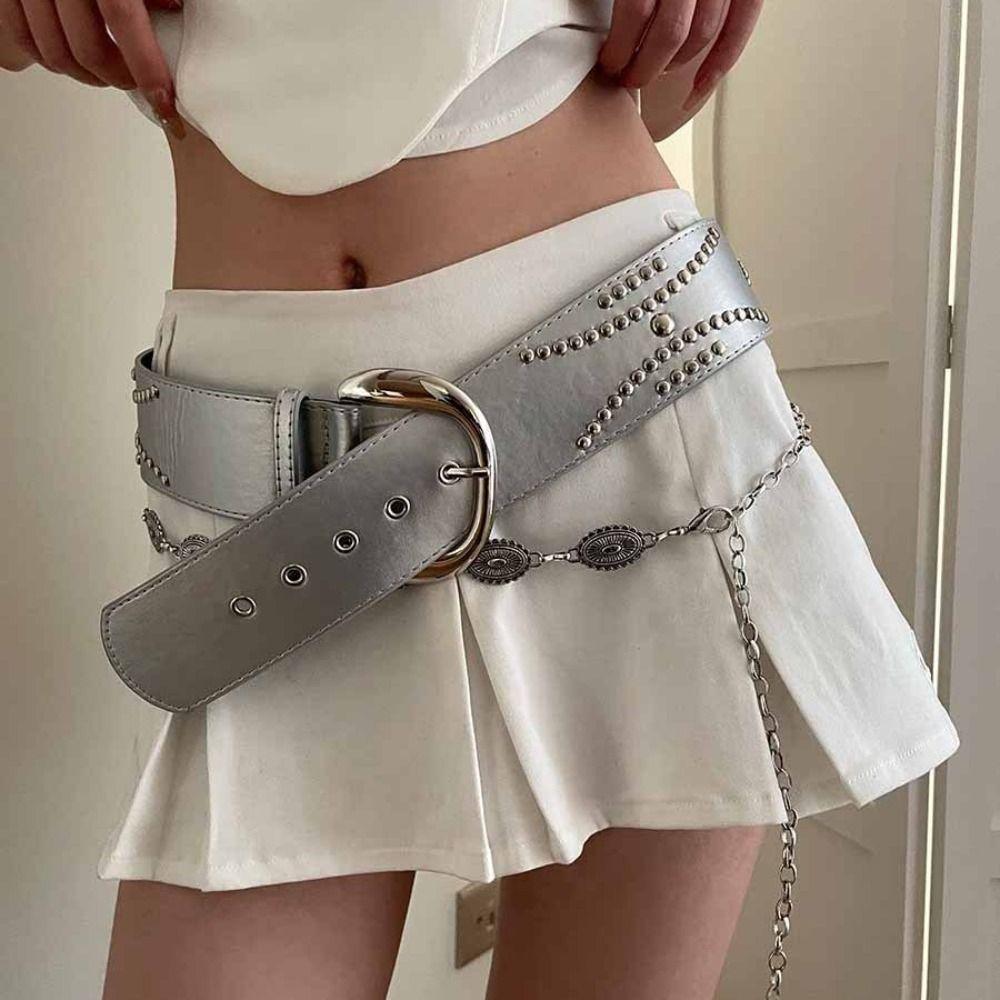 Y2K Wide Belt Silver PU Leather Waistbands Punk Rivet Waist Belt  Teens