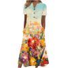 Women's V‑Neck Button Short Sleeve Midi Dress Loose Printed Casual Dress With Side Pockets