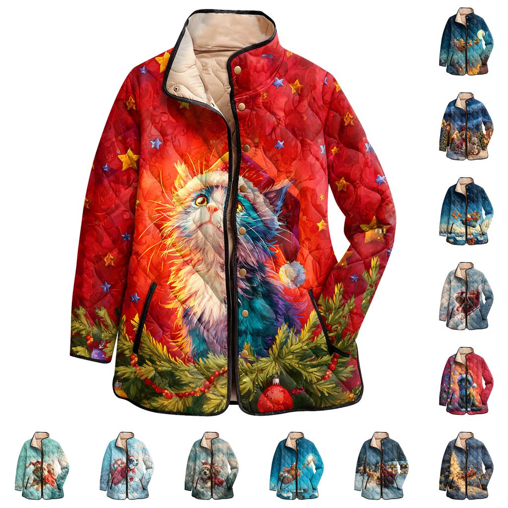 Dámský vánoční potisk s vysokým límcem polstrovaný bavlněný kabát s dlouhým rukávem a zapínáním na knoflíky