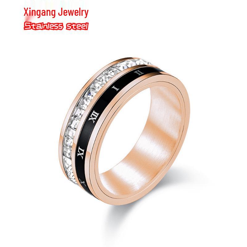 Luxury Roman Numeral Titanium Steel Rotatable Ring with Square Diamonds - Unisex Proposal Jewelry
