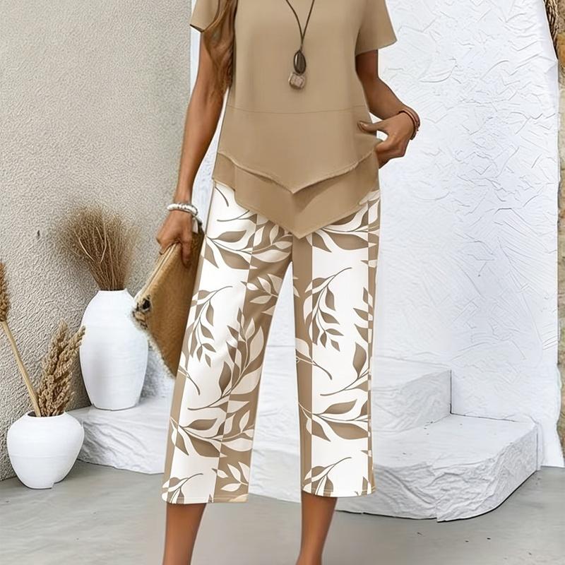 Fashion Set Women Summer Slimming Short Sleeve Wide Leg Pants Elegant Two Piece XXXL
