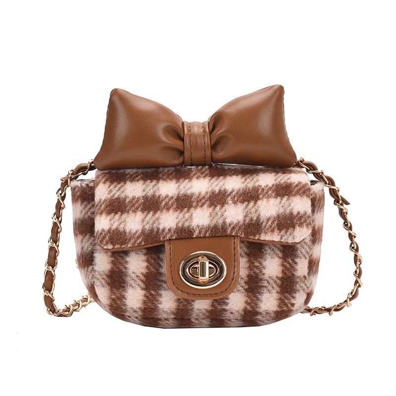 

Adorable Sweet Bowknot Woolen Square Bag For Kids With Elegant Chain Strap Design Brown Bow