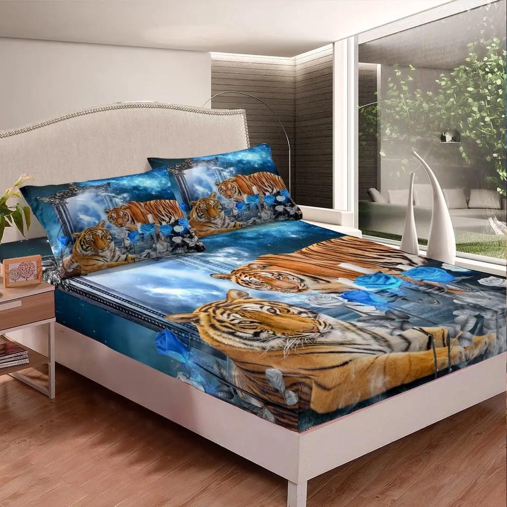 White Tiger Fitted Sheet Queen Size Flowers and Tiger Print Bedding Set for Teens Children Gift Wildlife Animal Floral Theme