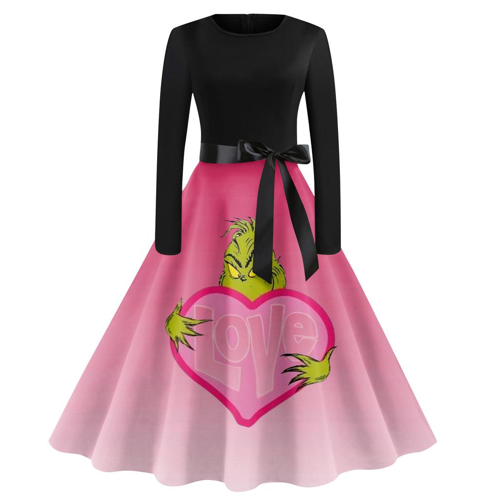 Rochie clasică de damă, cu gât, talie, cu papion, mâneci lungi, cu imprimeu de Crăciun, cu gât rotund