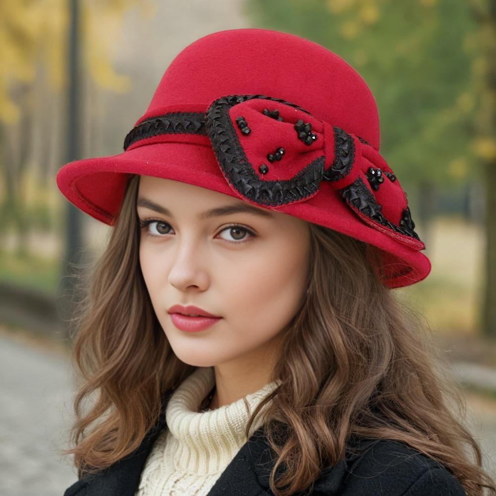 Bow Autumn and Winter Ladies Hat Wool Fashion Winter Top Hat Basin Hat Bucket Hat British Retro