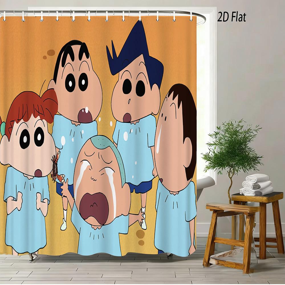 Crayon Shin-Chan Ufo & Shiro 2D Print Waterproof Shower Curtain, Green Anime Bathroom Decor With Hooks
