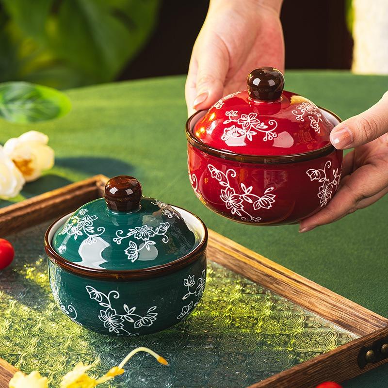 Weinblüten-Eintopfbecher Keramik-Schmortopf Suppen-Eintopfbecher Haushalts-Hochwertiger Dämpfbecher Wasserdichter Eintopf mit Deckel Gedämpfter Eier-Suppenbecher Schmortopf