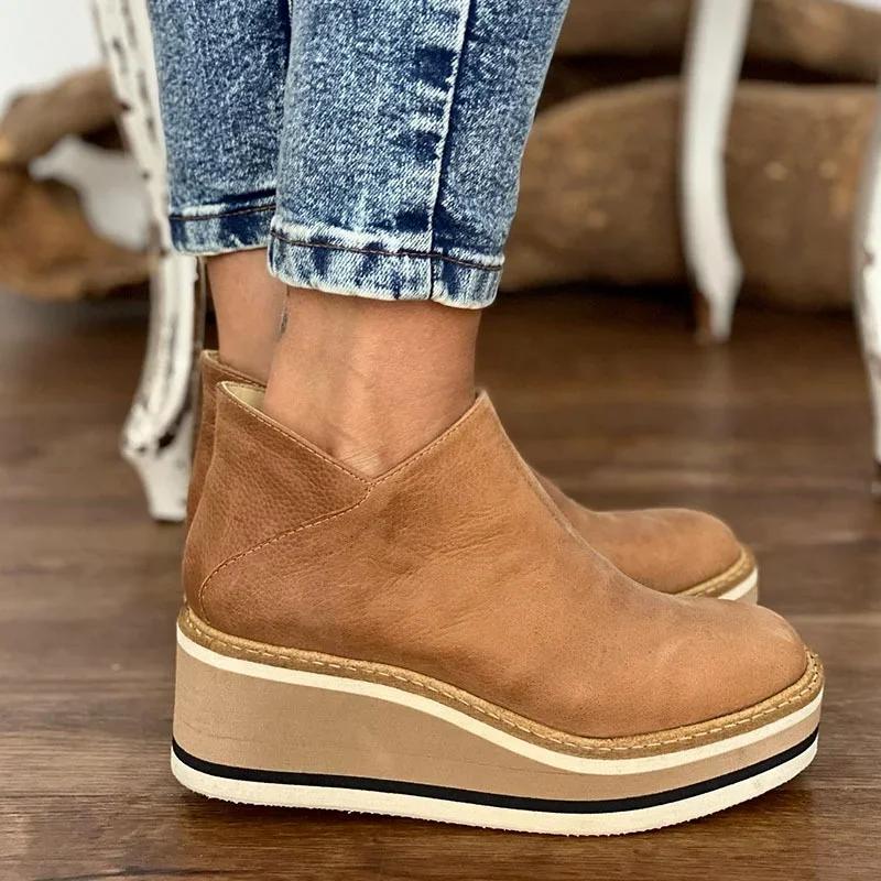 Fashion Fashion Women Short Boots Round Toe High Top Platform Wedges Retro Booties Soft Leather Zipper Comfortable Ankle Boots for Woman