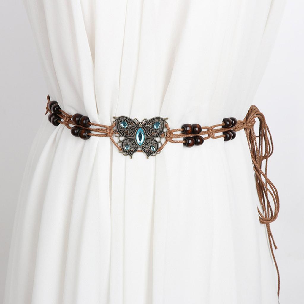 Brown Belt with Beads Butterflies Vintage Tassel Cotton Rope Waist Chain Woven Waist Belts for Dress Party Dance Show