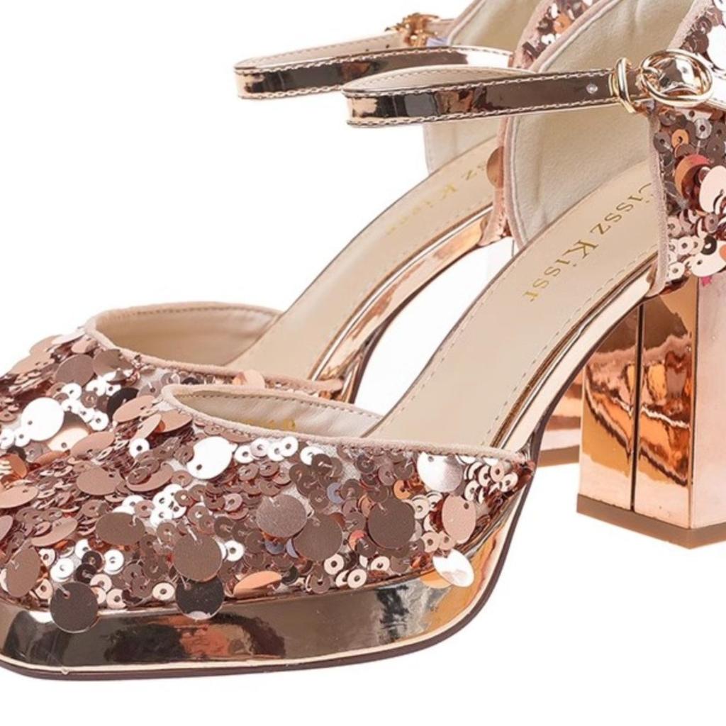 Internet celebrity sequins square head high heels women's 2025 summer new square heel one-word buckle socialite banquet dress single shoes