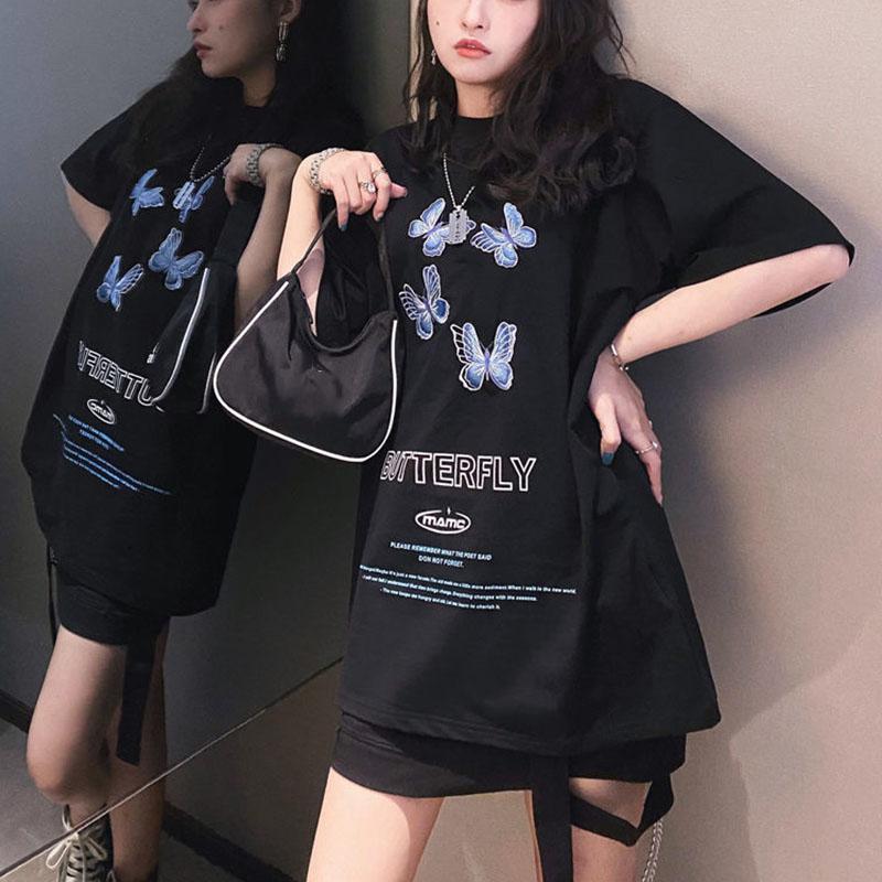 

Футболка с вышивкой бабочки и буквенным принтом, однотонная хлопковая футболка, женские повседневные топы с короткими рукавами M чёрный