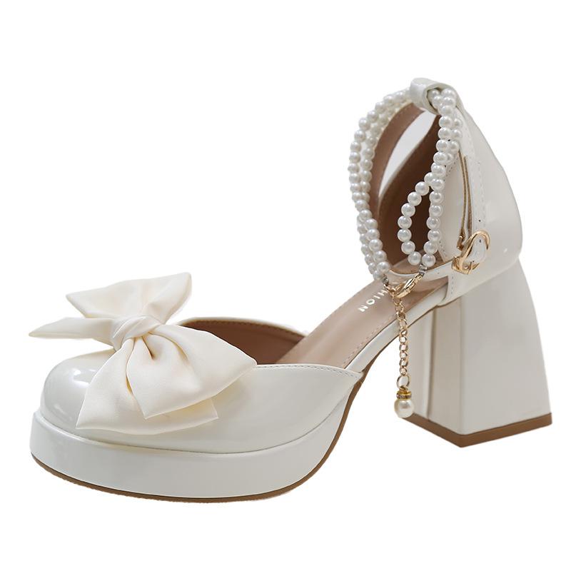 Mary Jane High Heels with Skirt Thick Heel Waterproof Table White Wedding Shoes Small Leather Shoes Pearl Bow Single Shoes