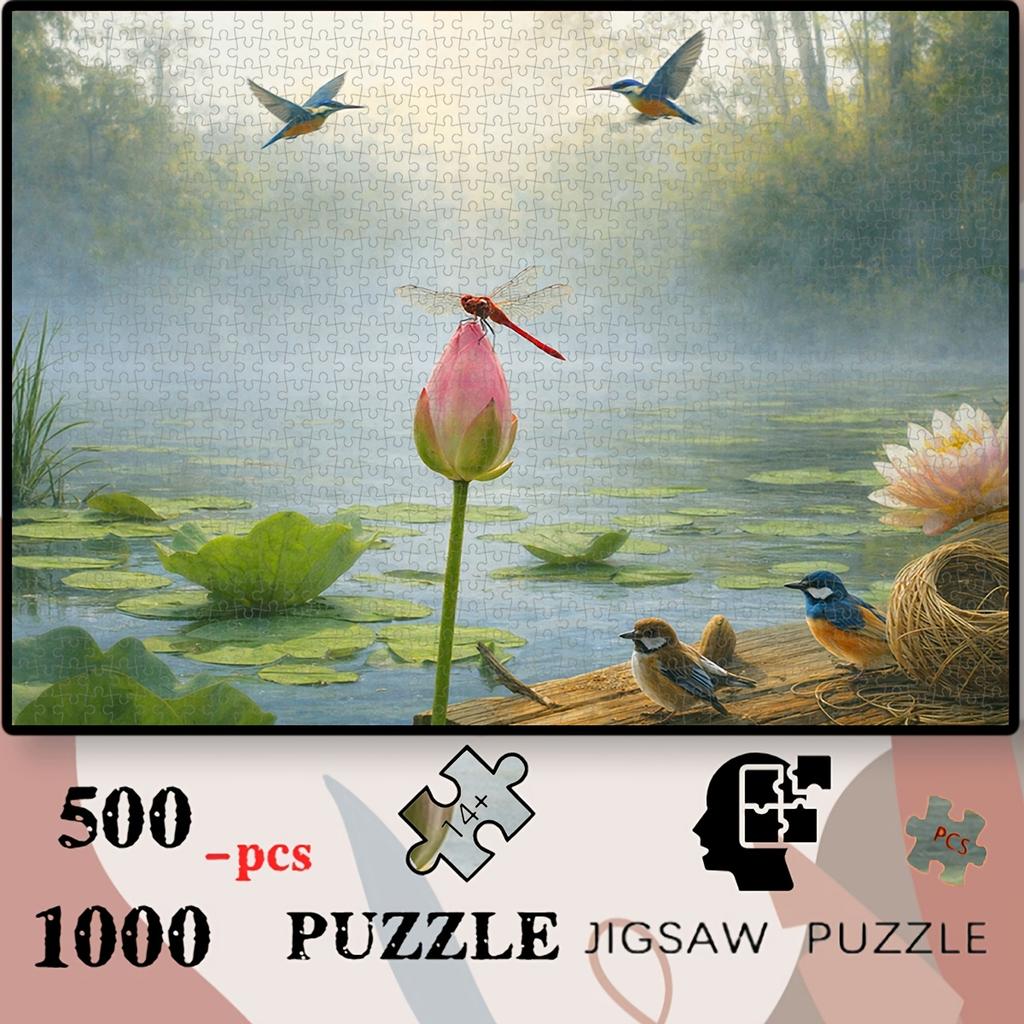 500pcs/1000pcs Suitable for & Families Puzzle: Dragonflies & for Lotus Pond with Kingfisher Bird - Clear Print Tight-Fit Pieces, Portable Rectangular