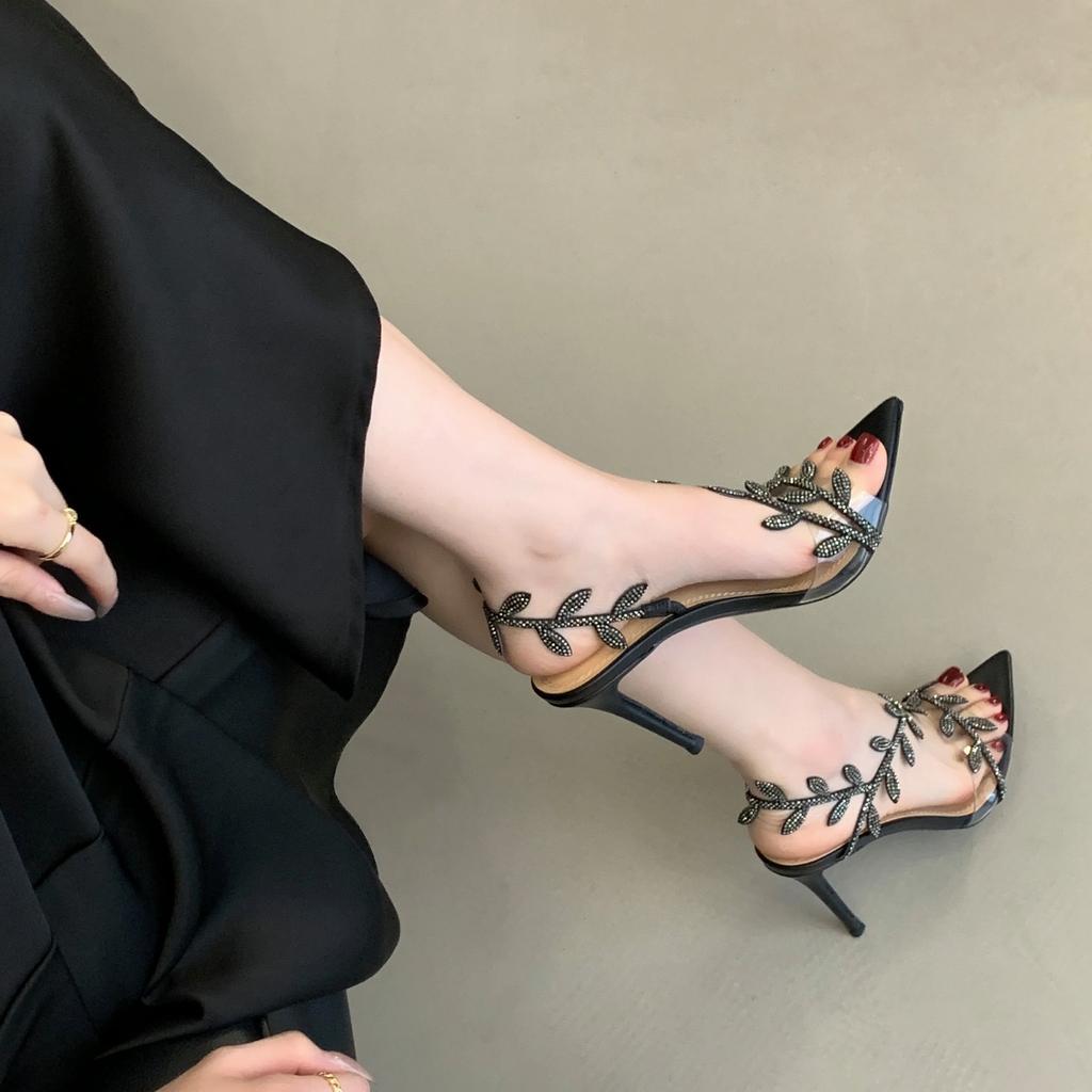 Sommer Damen Pumps Sexy Spitzschuh Strass Blätter PVC Knöchelriemen High Heel Sandalen Partykleid Hochzeitsschuhe