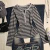 T-shirt da donna a maniche lunghe a righe stile coreano, pigra, con bottoni retrò