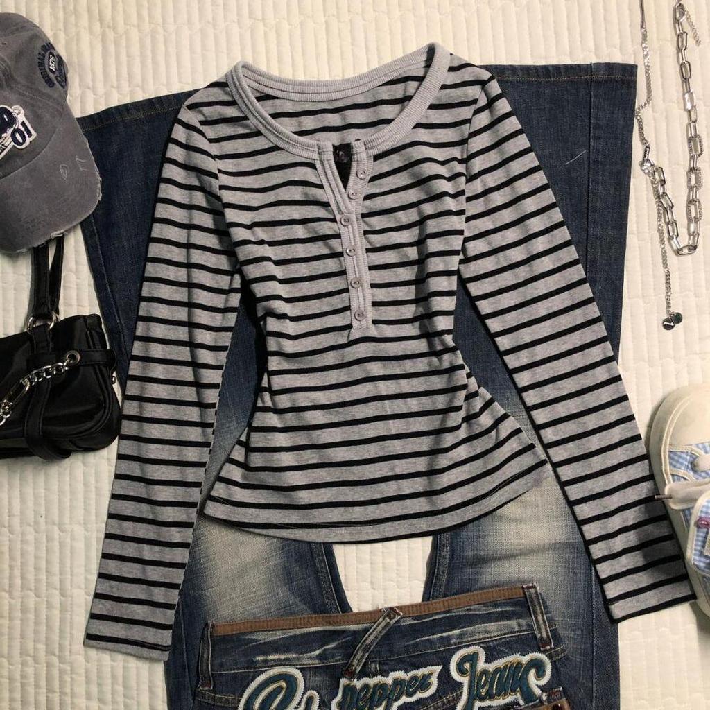 T-shirt da donna a maniche lunghe a righe stile coreano, pigra, con bottoni retrò