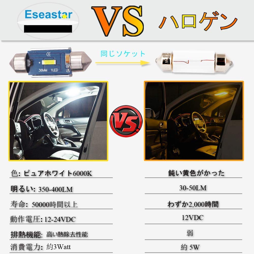 Eseastar T10*36mm LED Bulb, -24V SMD1860 Chip C5W LED Car Lamp with Built-in Canceller,