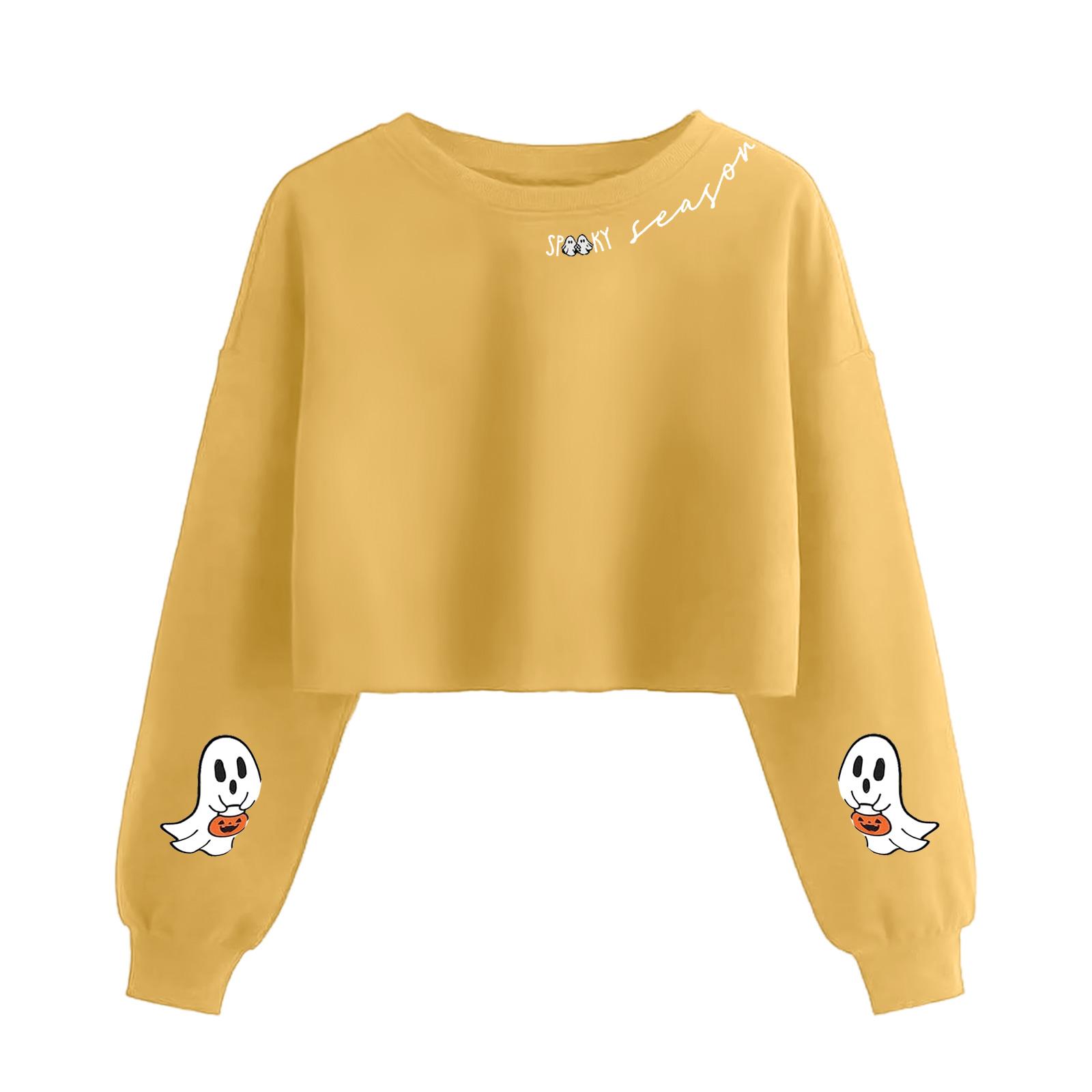 

Женский модный пуловер с длинными рукавами и жутким принтом на Хэллоуин, открывающий живот XL жёлтый