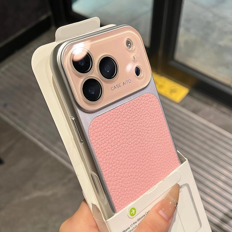 Luxury Lychee Leather Color Case for iPhone 17 16 15 14 13 Pro Max Matte Shockproof Glass Camera Protection Soft Bumper Cover