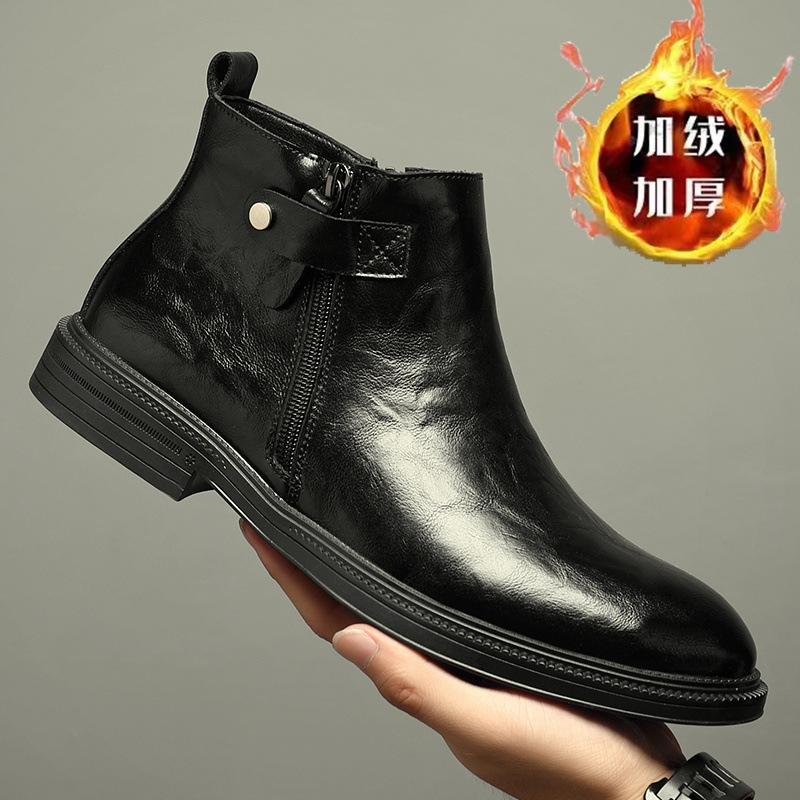 Chelsea Leather Boots Men's 2025 Autumn and Winter New Fleece Thickened Cotton Shoes Youth Medium and High Top Men's Martin Boots Tide