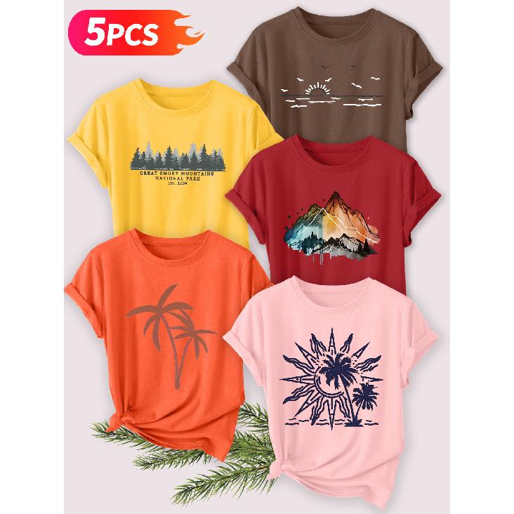 Five-piece set Elegant short-sleeved shirt for women Island Sunshine Series Printed Round Neck Women's Short Sleeve Shirt Suitable for Spring and