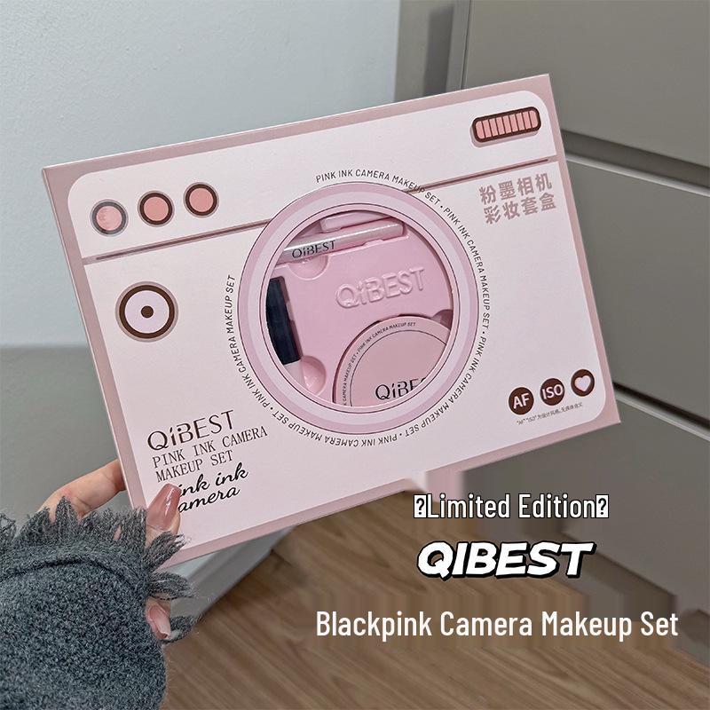 Set Machiaj QIBEST Pudră Cerneală: Ruj, Pudră Compactă, Noroi de Buze, Luciu de Buze, Rimel - Cutie Cadou Frumusețe